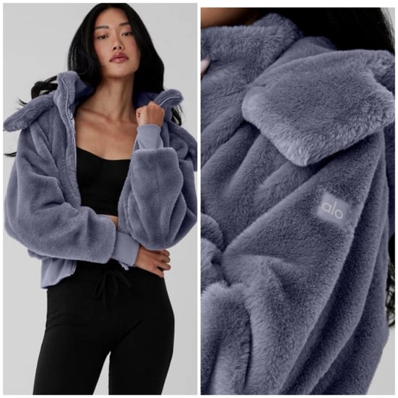 ALO YOGA FAUX FUR FOXY JACKET in FOG SZ S - Picture 2 of 11